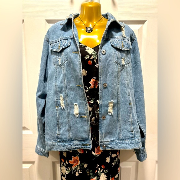 Denim jacket. Size medium. Distressed. Loose fit. - Picture 1 of 11